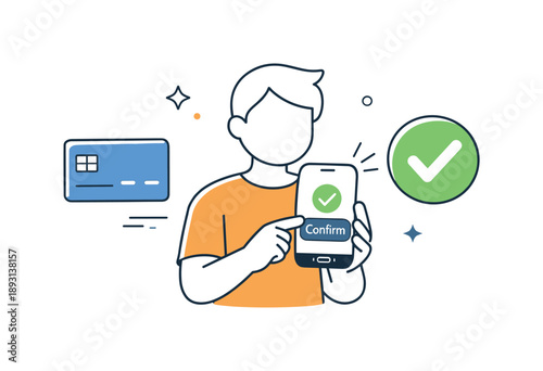 Effortless Mobile Payment. Mobile payment process. A customer confirming payment on a phone, with card and checkmark icons nearby. Secure and effortless