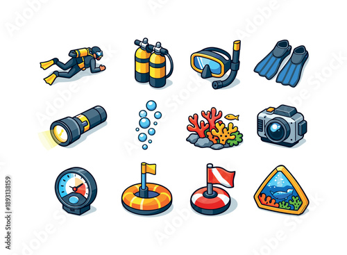Scuba Dive Icons. Scuba diving exploration. Colorful isometric vector icons set of Scuba diving exploration: scuba diver, oxygen tank, dive mask, fins,