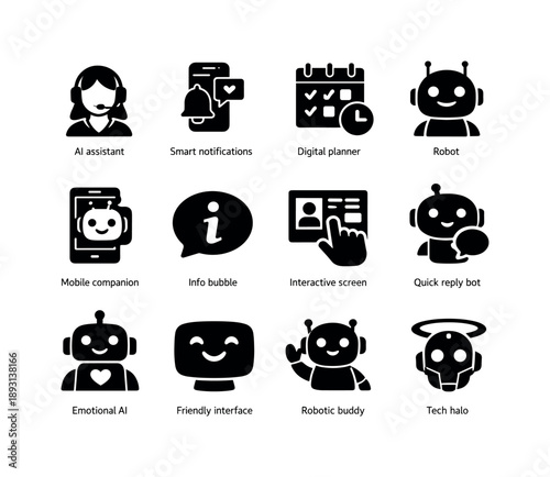 Personal AI Icons. Personal AI Helpers. Solid icon set of Personal AI Helpers: avatar assistant, smart notifications, digital planner, robot icon, mobile