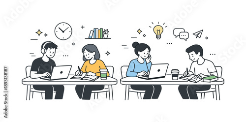 Library Study Session. Library visitors studying. Students at shared tables with laptops, notebooks, and coffee cups, softly focused on tasks. Editorial scene