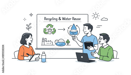 Eco-Friendly Solutions Discussion. Water treatment and waste management solutions. A small team discussing recycling and water reuse ideas around a simple