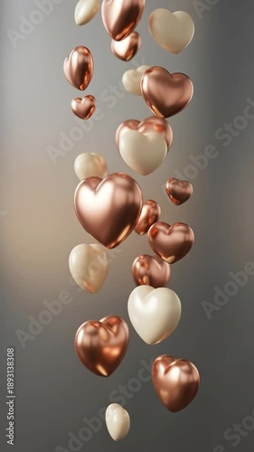 Elegant 3D Rendered Rose Gold and Cream Heart Balloons Floating in a Vertical Column Against a Soft Neutral Background for Valentines Day and Romantic Celebrations