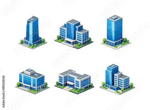 Corporate Buildings Grid. Corporate building. Isometric flat vector icons set of Corporate building: modern office tower, corporate headquarters building,