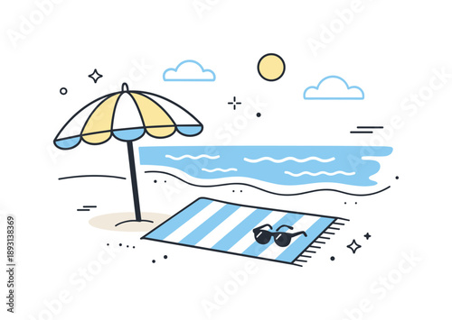 Seaside Minimalism. Seaside relaxation concept. A quiet beach with umbrella, towel, sunglasses, and gentle ocean waves in the background. Minimal vacation