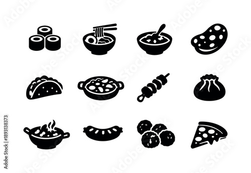 Global Cuisine Icons. World cuisine. Solid icon set of World cuisine: sushi roll, ramen bowl, curry bowl, naan bread, taco, paella pan, kebab skewer, dumpling,