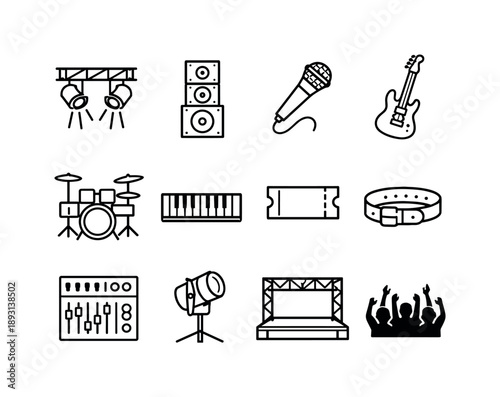 Concert Icon Set. Live Concert Elements. Line icon set of Live Concert Elements: stage lights, speaker stack, microphone, guitar, drum set, keyboard, concert