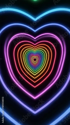 Vibrant Neon Rainbow Heart Tunnel Background with Glowing Concentric Shapes and Retro Aesthetic for Digital Art and Motion Graphics