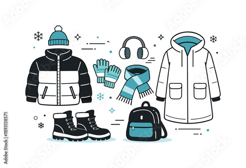 Winter Wear Showcase. Winter seasonal collection. Outerwear, boots, and accessories arranged with minimal snowflake accents. The illustration conveys warmth,