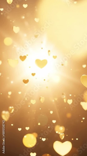 Golden hearts floating in a bright glowing light background for Valentines Day or wedding celebration. Abstract romantic backdrop with shining golden heart shapes and bokeh effects.