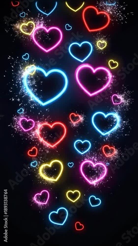 Glowing Neon Hearts Pattern on Black Background for Valentines Day and Romantic Celebrations, Vibrant Colorful Heart Shapes in Pink Blue Yellow and Red