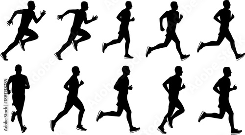 Man running silhouette. Male runner in motion. Running man silhouette vector set.