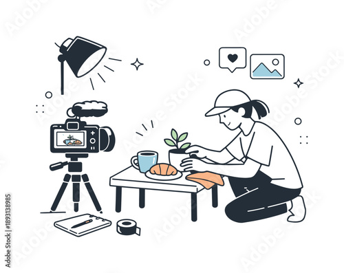Content Creation Setup. Behind-the-scenes content creation. Person arranging props or setting up camera angles for a video or story post. Calm editorial moment