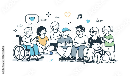 Inclusive Community Gathering. Inclusive community life. People with visible and invisible disabilities socialize together in a relaxed setting. Belonging,