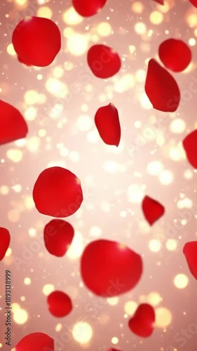 Falling red rose petals on a soft pink background with golden bokeh lights, romantic floral background for valentines day and wedding celebrations