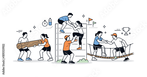 Teamwork Fitness Challenge. Team-based obstacle fitness challenge. Participants working together to lift, climb, and cross obstacles, highlighting cooperation.