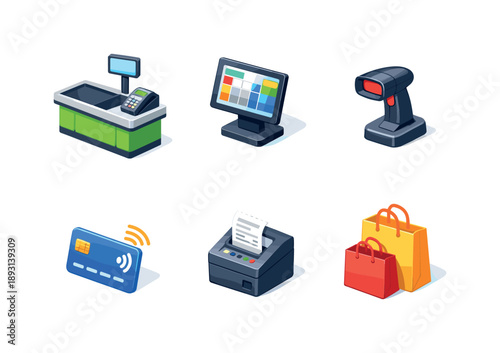 Retail Checkout Icons. Retail checkout. Isometric flat vector icons set of retail checkout: checkout counter, POS terminal screen, barcode scanner, payment