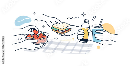 Picnic Friendships Illustrated. Sharing snacks. Close-up of friends? hands passing fruit, sandwiches, or drinks on the picnic blanket, subtle abstract shapes