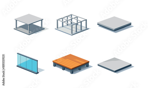 Modern Pavilion Icons. Modern Pavilion. Isometric flat vector icons set of Modern Pavilion: open pavilion structure, column grid frame, flat roof slab, glass