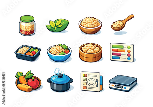 Healthy Grain Icons. Healthy Grain. Colorful isometric vector icons set of Healthy Grain: quinoa jar, organic label, cooked grain fluff, serving spoon, meal