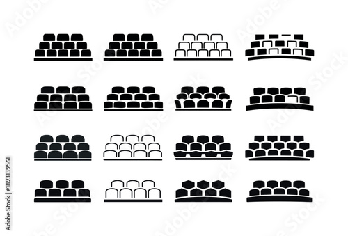 Stadium Seat Logos. stadium seats. Icon set. Set Logo of stadium seats: front-view seat rows. harmonious logo variations of the same emblematic concept, each
