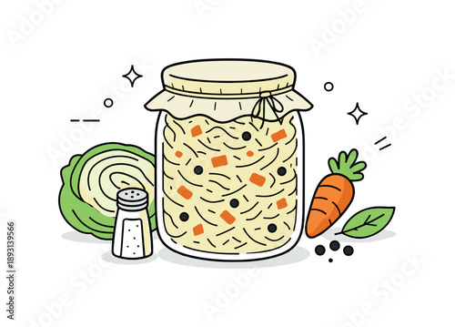Minimalist Sauerkraut Illustration. Homemade sauerkraut. Jar with cabbage and seasoning on a simple background, fresh and minimalistic preparation concept.