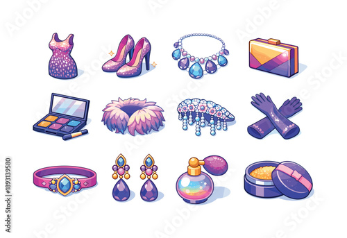 Vibrant Party Icons. Glam party looks. Colorful isometric vector icons set of glam party looks: sequined dress icon, sparkly heels, gemstone necklace, clutch