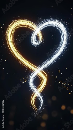 Abstract glowing heart symbol made of golden and silver light particles on black background, romantic digital art illustration for love and valentines day