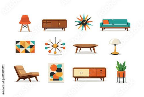 Mid-Century Modern Icons. Mid-Century Modern. Colorful flat vector icons set of Mid-Century Modern Design: Eames chair, teak sideboard, starburst clock,