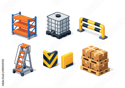 Industrial Icon Grid. Industrial storage. Isometric flat vector icons set of industrial storage: heavy duty rack, bulk container box, safety barrier rail,