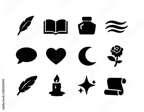 Poetic Expression Icons. Poetic Expression. Solid icon set of Poetic Expression: quill pen, open book, ink bottle, flowing lines, speech bubble, heart symbol,