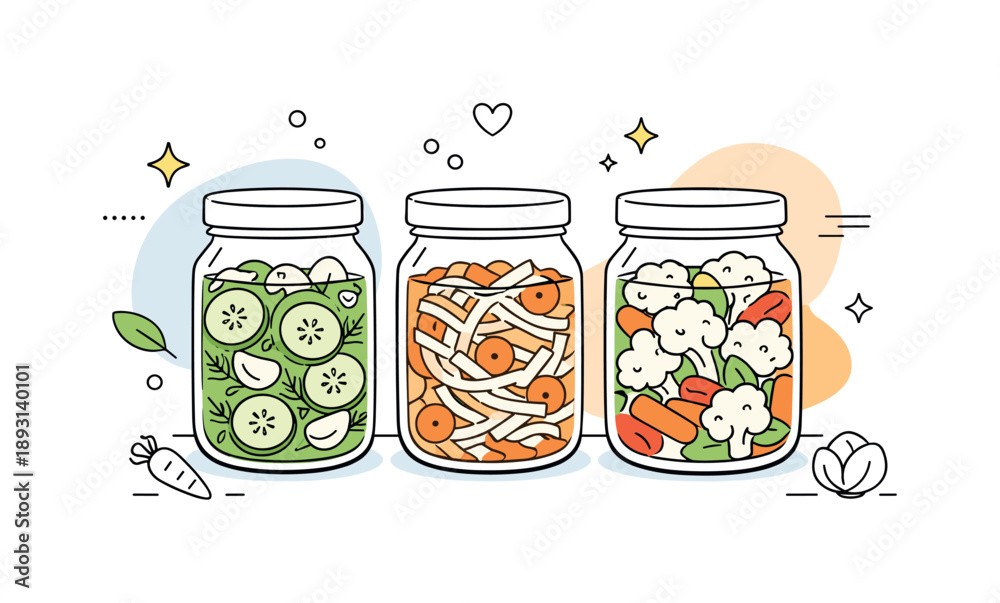 Obraz premium Minimalistic Fermentation Jars. Glass fermentation jars. Clear glass jars with simple lids, filled with vegetables and liquid, showing a calm home fermentation
