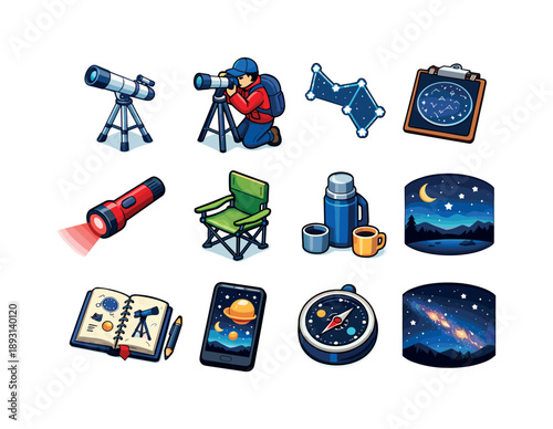 Isometric Stargazing Icons. Stargazing astronomy. Colorful isometric vector icons set of Stargazing astronomy: telescope setup, amateur astronomer,