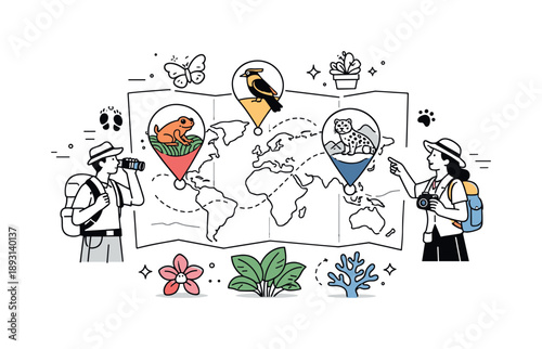 Biodiversity Hotspots Map. Discovering rare fauna and flora. A simplified map-based scene showing biodiversity hotspots with icons of unique species and