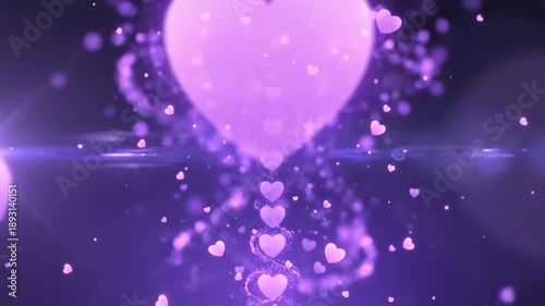 Glowing purple hearts floating on a dark background with bokeh light effects and magical sparkles for romantic celebration