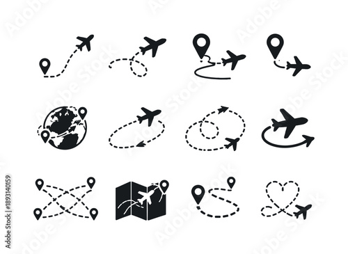 Flight Path Icons. Flight path. Solid icon set of Flight path: airplane route, dotted flight line, departure pin, arrival pin, globe with path, curved route,