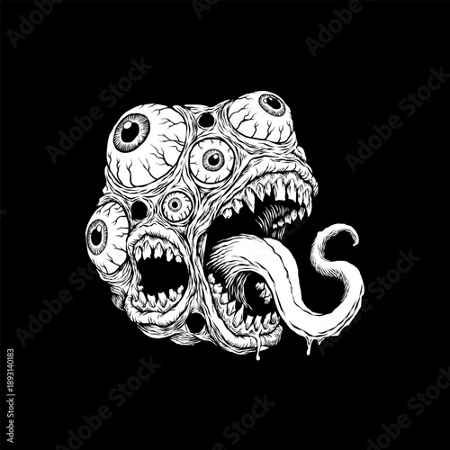 Grotesque Horror Creature Tattoo Illustration with Multiple Eyes and Mouths
Dark Monster Tattoo Art Design with Eyeballs, Sharp Teeth and Tongue
