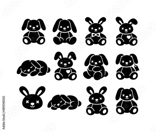 Plush Bunny Icons. Plush Bunny. Solid icon set of Plush Bunny: bunny toy, floppy ears, stitched eyes, soft fur, cuddle pose, button nose, bow tie, heart patch,