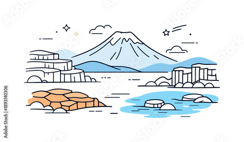 Serene Volcanic Vista. Volcanic landscapes and geological formations. A calm volcanic scene with layered rock formations and a dormant volcano in the