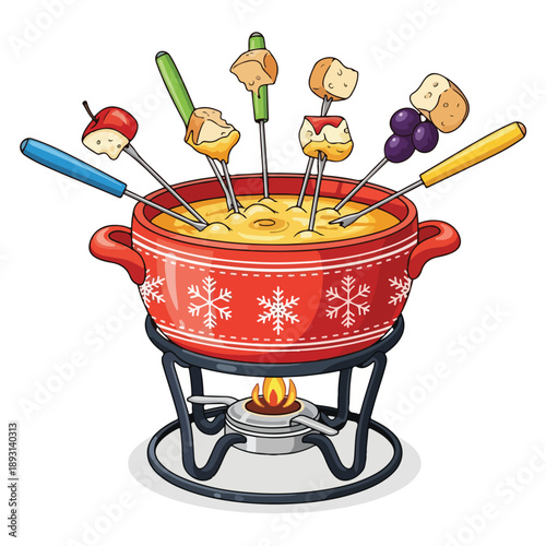 Fondue Pot with Skewers and Food.