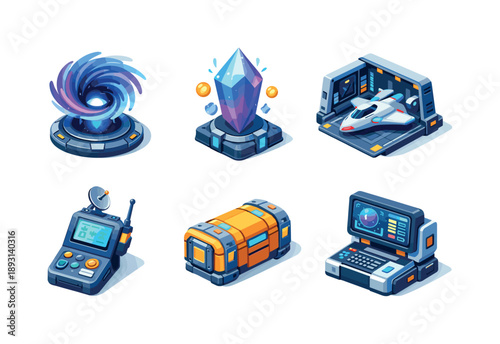 Intergalactic Icon Grid. Intergalactic travel. Isometric flat vector icons set of Intergalactic travel: wormhole tunnel passage, cosmic energy crystal,