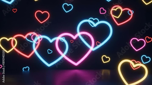 Vibrant Neon Heart Shapes Glowing in Dark Space, Romantic Background with Colorful Fluorescent Light Outlines for Valentines Day and Love Concepts