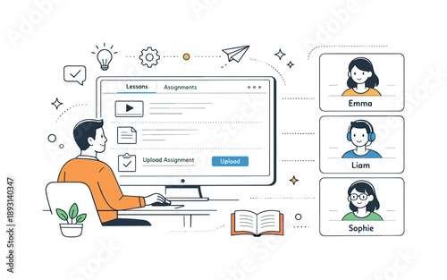 Minimalist Online Education Design. Online education system. An instructor uploads lessons and assignments through a dashboard interface while students appear