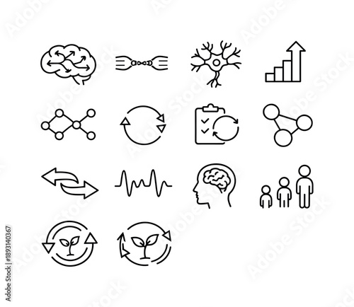 Neural Icon Set. Neural plasticity. Line icon set of Neural plasticity: adaptable brain, growing synapse, neuron branching, plus arrow growth, rewiring paths,