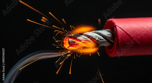 Close-up of a burning fuse with sparks flying against a dark background, representing danger and ignition