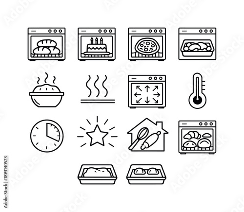 Baking Oven Icons. Baking Oven. Line icon set of Baking Oven: oven baking bread, cake inside oven, pizza baking, roasting tray, rising dough, heat waves, even