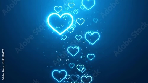 Glowing blue neon hearts floating on a dark blue background with sparkling light particles and bokeh effects for romantic and festive designs