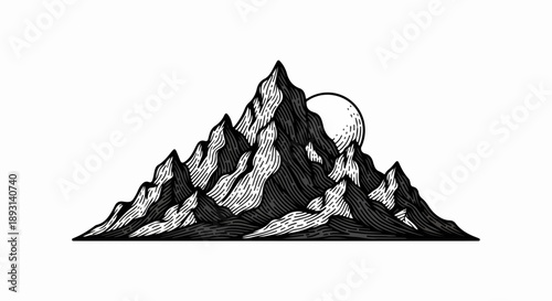 Black and white illustration of a rugged mountain range with detailed cross-hatching