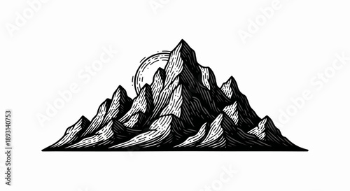 Black and white illustration of a rugged mountain range with intricate parallel hatching lines