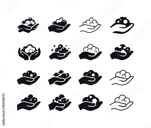 Soap Icon Variations. Soap. Icon set. Set Logo of soap: hand washing with soap foam. harmonious logo variations of the same emblematic concept, each with