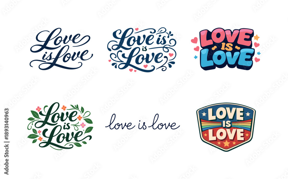 Fototapeta premium Love Lettering Variations. Love Is Love. Set lettering. harmonious lettering variations of the same emblematic concept, each with different artistic